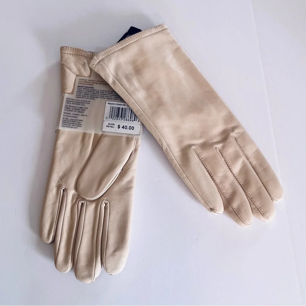Isotoner Vintage NEW Cream Beige Leather Fleece Lined Gloves Size 8.5-9 Medium